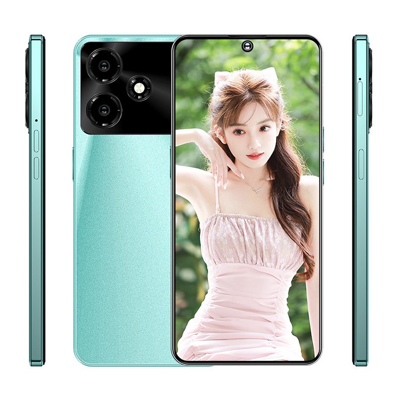 M6 Pro light green custom smartphone four-view angle showing front display, back panel, left side edge, and right side edge, ODM OEM customizable mobile phone