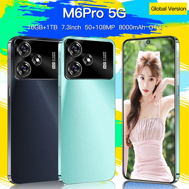 M6 Pro custom smartphone in Black and Light Green colors, showing black back panel, light green back panel, and light green front display with punch-hole camera, ODM OEM white label phone factory direct