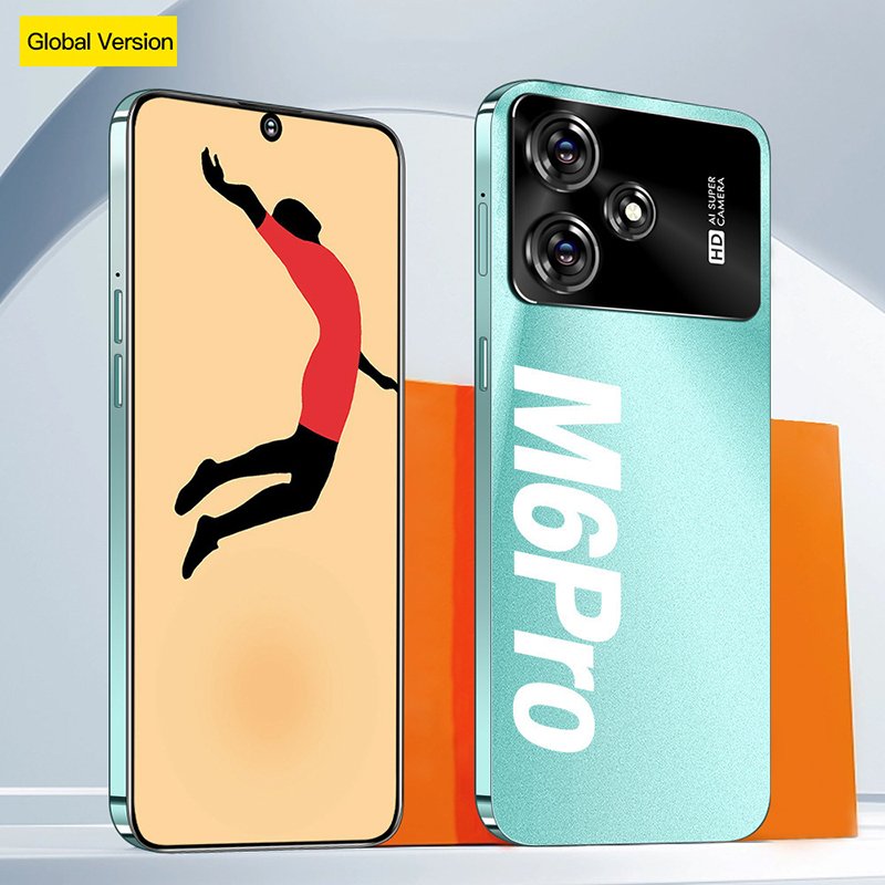 M6 Pro light green custom smartphone showing back panel with camera module and front display with punch-hole design, white label phone ODM OEM factory direct